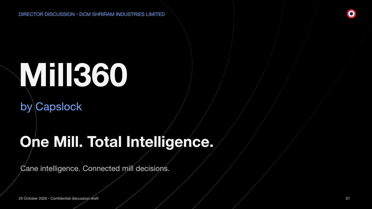 DIRECTOR DISCUSSION • DCM SHRIRAM INDUSTRIES LIMITED 20 October 2026 • Confidential discussion draft 01 Mill360 by Capslock One Mill. Total Intelligence. Cane intelligence. Connected mill decisions.