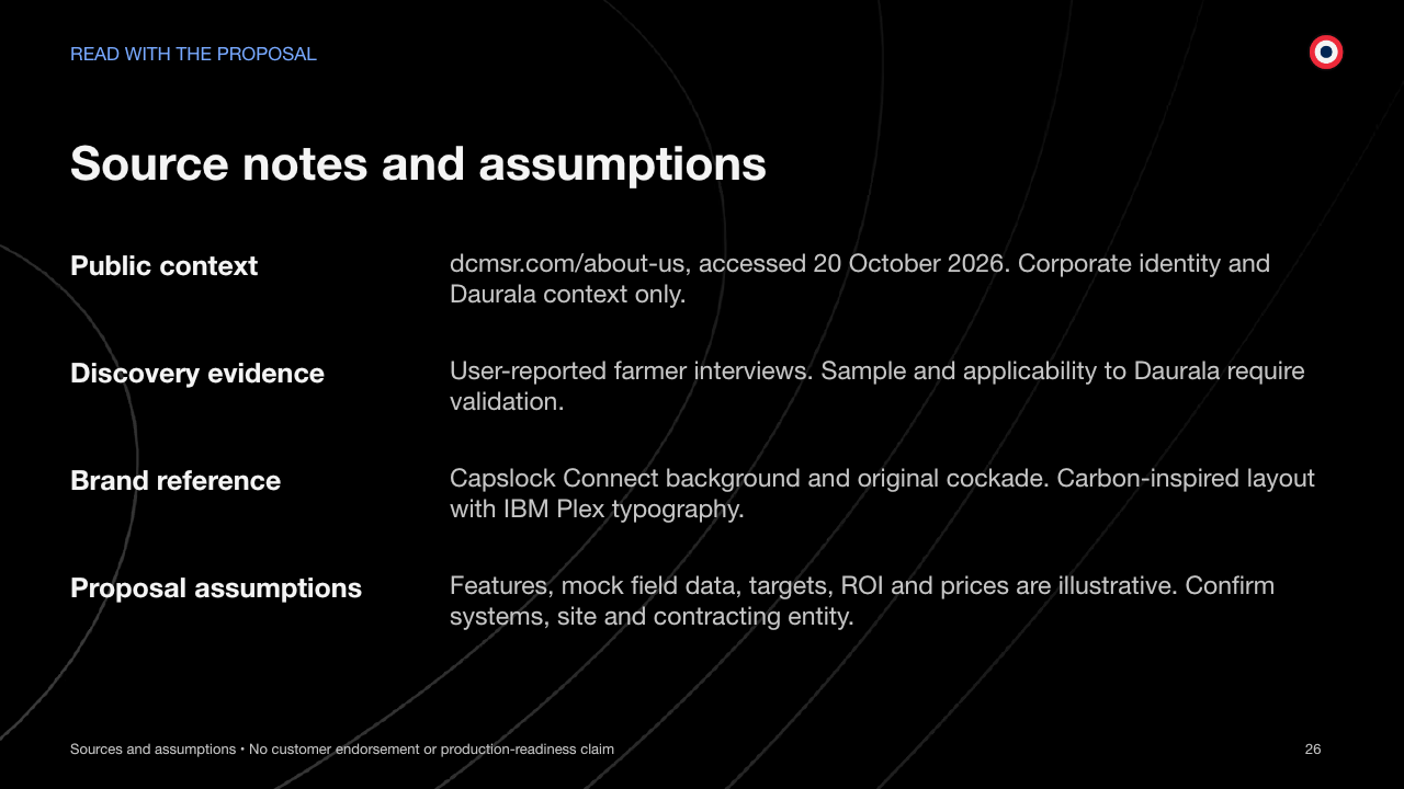 READ WITH THE PROPOSAL Source notes and assumptions Sources and assumptions • No customer endorsement or production-readiness claim 26 Public context dcmsr.com/about-us, accessed 20 October 2026. Corporate identity and Daurala context only. Discovery evidence User-reported farmer interviews. Sample and applicability to Daurala require validation. Brand reference Capslock Connect background and original cockade. Carbon-inspired layout with IBM Plex typography. Proposal assumptions Features, mock field data, targets, ROI and prices are illustrative. Confirm systems, site and contracting entity.